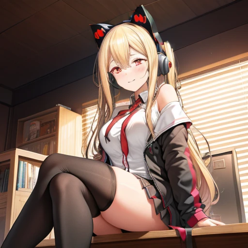 (masterpiece, best quality:1.2),illustration,8k,hd,1girl,solo,upper body,(portrait:1.2),concord (azur lane),long hair,blush,fringe,,blonde hair,hair between eyes,red eyes,sitting,animal ears,pleated skirt,cat ears,off shoulder,arm support,mole,open jacket,no shoes,mole under eye,symbol-shaped pupils,thighhighs,skirt,black thighhighs,jacket,headphones,bell,jingle bell,headset,cat ear headphones,
