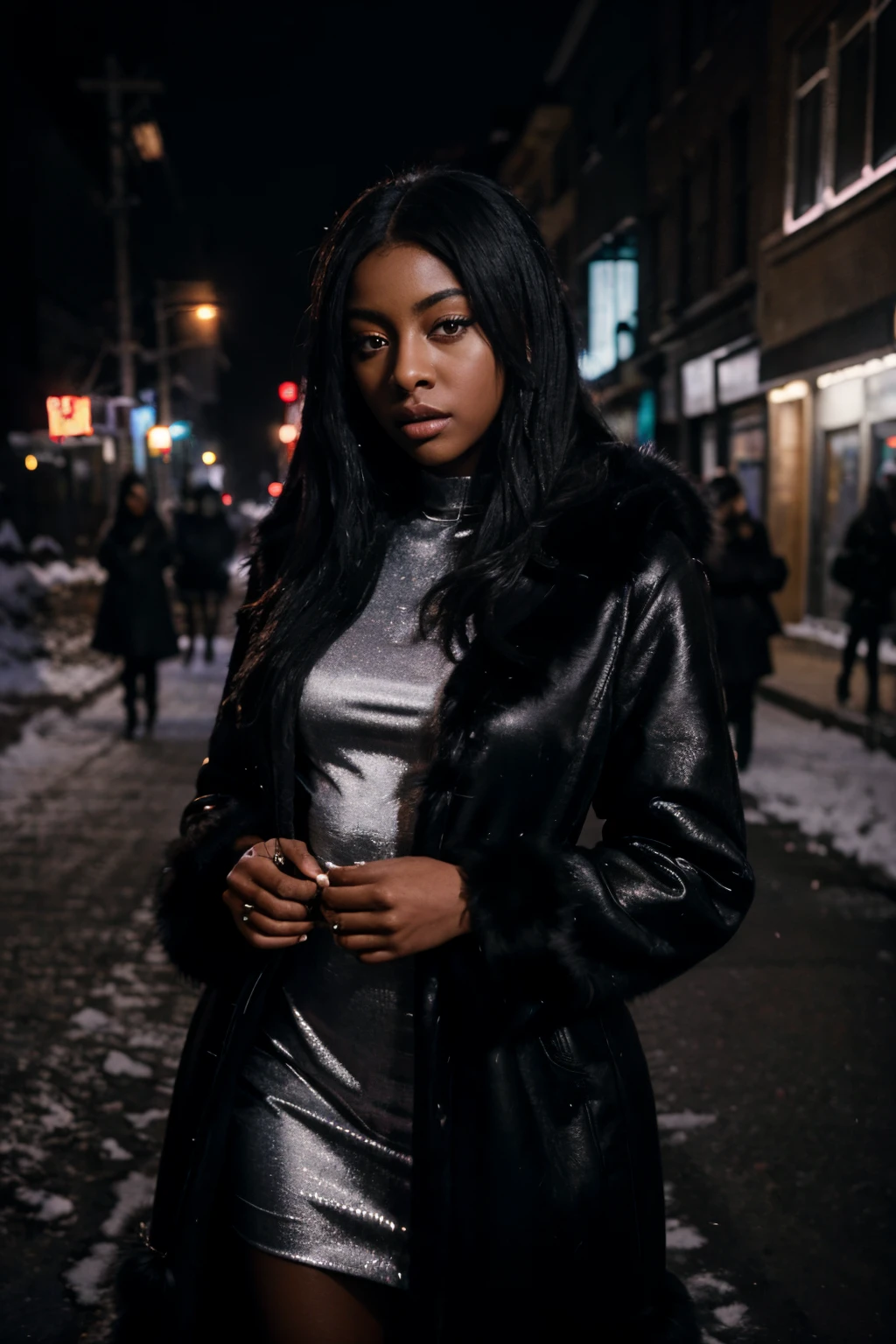painting of singer Justine Skye with long straight black hair, wearing a black chinchilla fur coat, she's wearing a dress, on a dark street in the Bronx at night, it's snowing, dramatic scene, wide shot, sharp focus, 8k photo, dark moody aesthetic, deep shadows