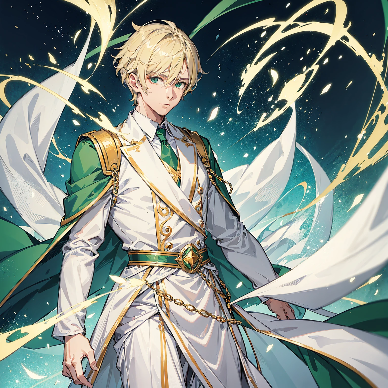 1 man,handsome,short blonde hair,emerald green eyes,wearing white regal robes