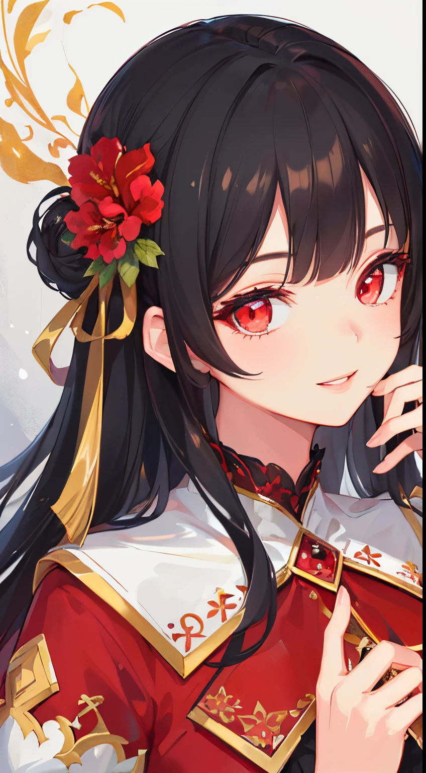 ((top-quality)), ((​masterpiece)), ((ultra-detailliert)), (extremely delicate and beautiful), beautiful feminine face, 1 girl, zoomed in, face , lips, beautiful eyes, smile, glowing eyes, close up face, lip gloss, black hair, red clothes