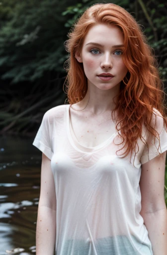 photo of a 25 years old irish girl, RAW, beautiful ginger woman, (long red messy hair), ((full body shot)), ((detailed face:1.2)), ((detailed facial featureinely detailed skin), pale skin, freckles, loose t-shirt, lose t-shirt, outdoor environment, (warm colors), damp, moist, reflectionasterpiece) (perfect proportion)(realistic photo)(best quality) (detailed) photographed on a Canon EOS R5, 50mm lens, F/2.8, HDR, (8k) (wallpaper) (cinematic lighting) (dramatic lighting) (sharp focus) (intricate) fashion, Hazel Brooks