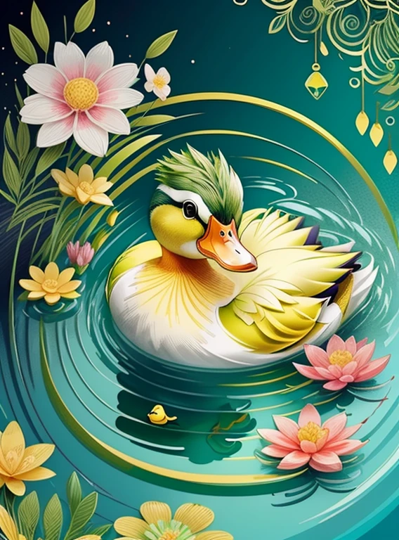 (cute green and yellow duck smiling in a beautiful lake with flowers) Munchkin ,Geometric multidimensional wall portrait, livro de arte, Tchibi,
Yang08k, Beautiful, Colouring,
Obras, of the highest quality, best quality, Arte Oficial, Beautiful and Aesthetic,