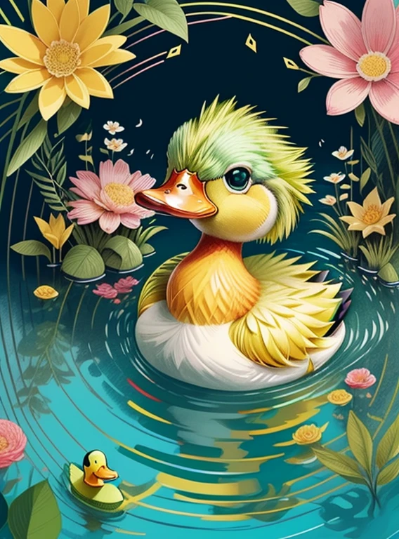 (cute green and yellow duck smiling in a beautiful lake with flowers) Munchkin ,Geometric multidimensional wall portrait, livro de arte, Tchibi,
Yang08k, Beautiful, Colouring,
Obras, of the highest quality, best quality, Arte Oficial, Beautiful and Aesthetic,