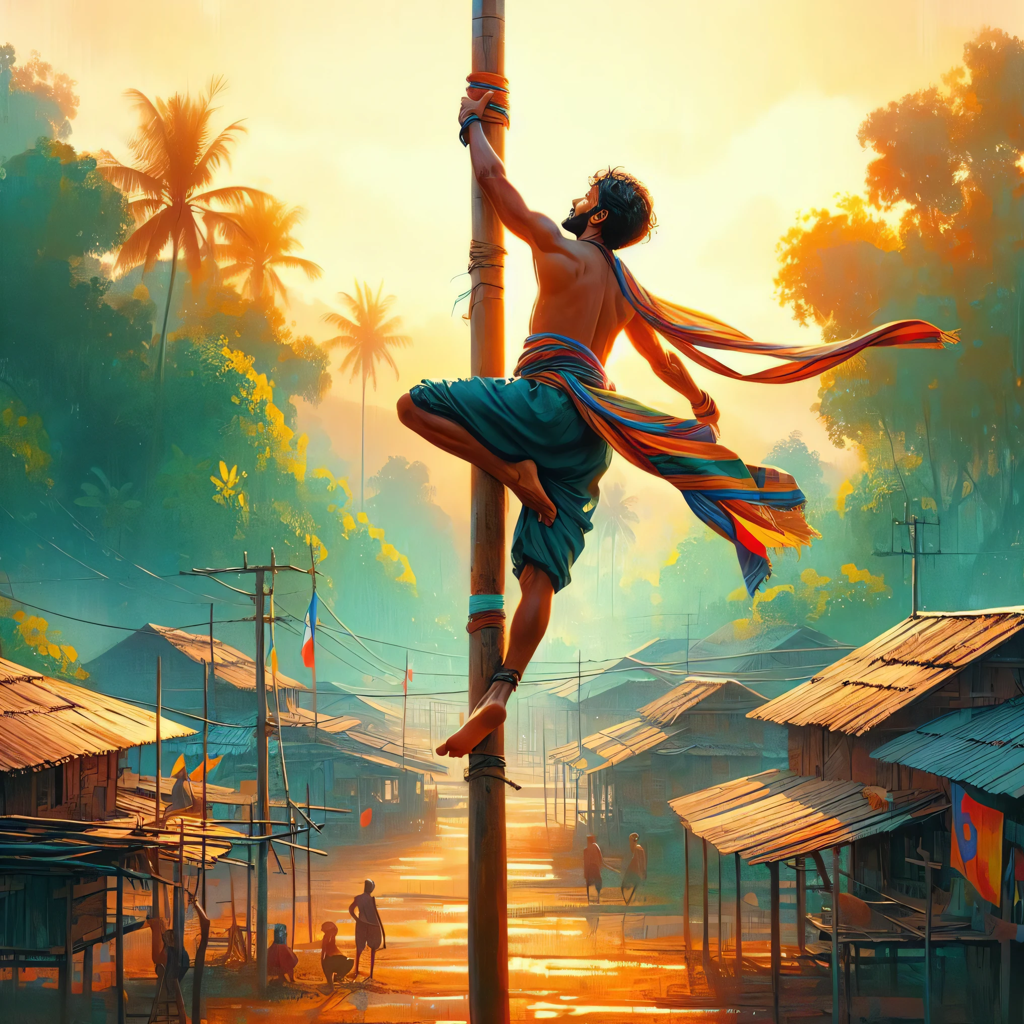 painting of a man on a pole with a colorful scarf, tithi luadthong, dancing on a pole, cyril rolando and goro fujita, inspired by Cyril Rolando, inspired by Michael Komarck, rob rey, beautiful painting of a tall, by Max Dauthendey, amazing wallpaper, ross tran 8 k, absolutely outstanding image