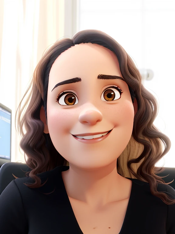 A university professor, young 47 years old, Brazilian, smiling, chic and wise, shoulder length and dark wavy hair, dark brown eyes, medium eyes and medium mouth, potato nose, large breasts, wearing a black dress with a V-neck , using a computer in a fancy office.