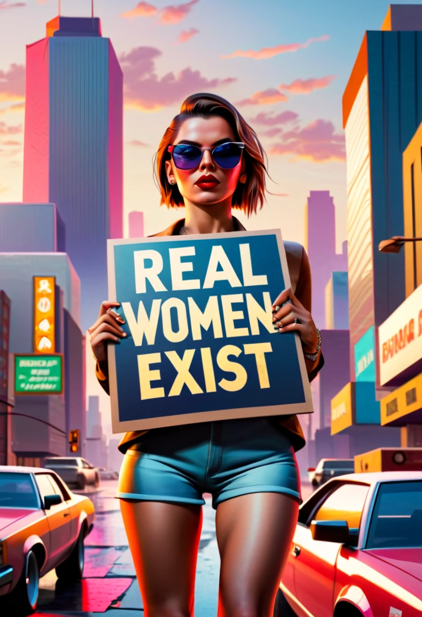 Grand Theft Auto style woman holding a sign that says, "real women exist", detailed city in background, GTA style.(best quality,4k,8k,highres,masterpiece:1.2),ultra-detailed,(realistic,photorealistic,photo-realistic:1.37),illustration,detailed character,cityscape,surreal urban landscape,vibrant colors,natural lighting,gritty textures,lively atmosphere,portraits,urban,late afternoon,contrast,highly detailed sign,street art,feminism,message against stereotypes,empowering,confident,dynamic pose,red lipstick,cool sunglasses,street fashion,tattoos,graffiti wall,multiple layers of buildings,crowded streets,neon lights,GTA-inspired architecture,fast cars,racing,action-packed,adventurous,high-rise buildings,towering skyscrapers,bustling city life,traffic jam,reflection on wet pavement,nighttime ambiance.