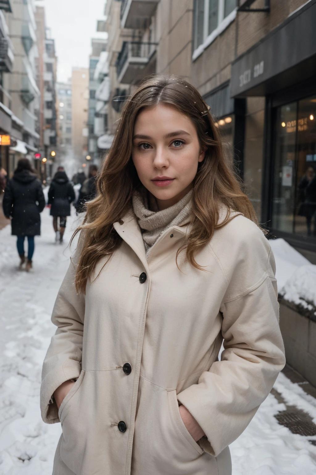 professional portrait photograph of a gorgeous blond girl in winter clothing with long wavy blonde hair, a sultry flirty look, a gorgeous symmetrical face, cute natural makeup, wearing elegant warm winter fashion clothing, ((standing outside in snowy city street)), stunning modern urban environment, ultra-realistic, concept art, elegant, highly detailed, intricate, sharp focus, depth of field, f/1. 8, 85mm, medium shot, mid shot, (((professionally color graded))), bright soft diffused light, (volumetric fog), trending on Instagram, hdr 4k, 8k