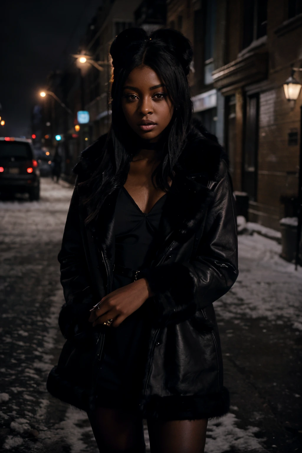 painting of singer Justine Skye with straight black hair, wearing a black chinchilla fur coat, she's wearing a dress, on a dark street in the Bronx at night, it's snowing, dramatic scene, wide shot, sharp focus, 8k photo, dark moody aesthetic, deep shadows