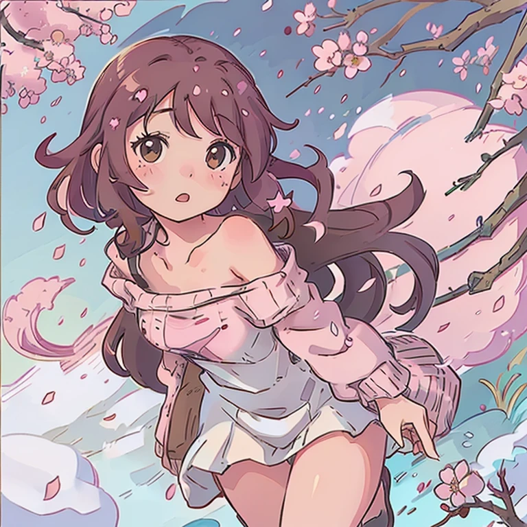 Cute cartoonish art style featuring a girl with wavy hair that goes a little past her shoulders, brown eyes, her favorite color pink, not too realistic. Cherry blossom trees with petals falling in the background as well as snow. She’s wearing a comfortable sweater and  drawing on a sketchbook, looking for st her sketchbook