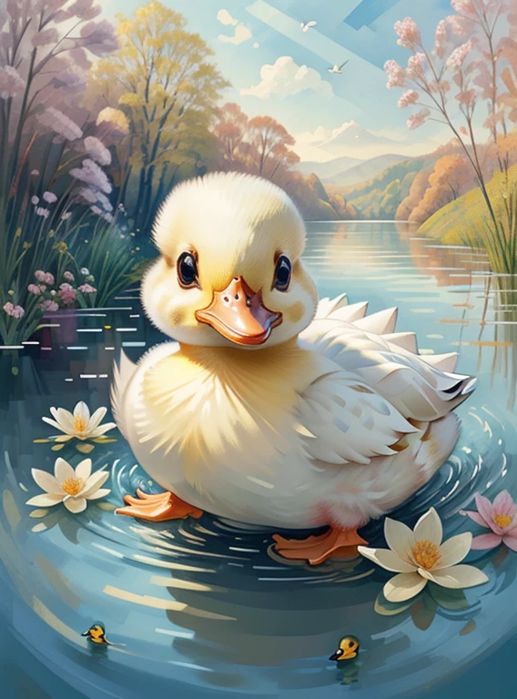 (cute baby duck smiling in a beautiful lake with flowers) Munchkin ,Geometric multidimensional wall portrait, livro de arte, Tchibi,
Yang08k, Beautiful, Colouring,
Obras, of the highest quality, best quality, Arte Oficial, Beautiful and Aesthetic,