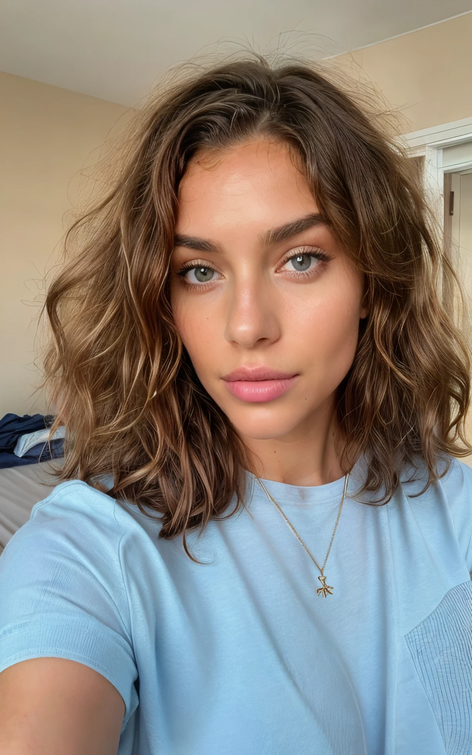 Belle brune aux reflets blonds, (with soaking wet hair and dry clothes in her hotel room, 22 ans, visage innocent, natural wavy hair, yeux bleus), selfie from above, A half portrait of a 28 y.o, quebecoise Instagram fitness bombshell, Olympic pole vaulter, correct anatomy, aroused body, elegant, ((superior look)), (Vaporwave aesthetic), high contrast, (natural skin texture, hyperrealism, soft light, sharp), shot on iPhone 14 PRO