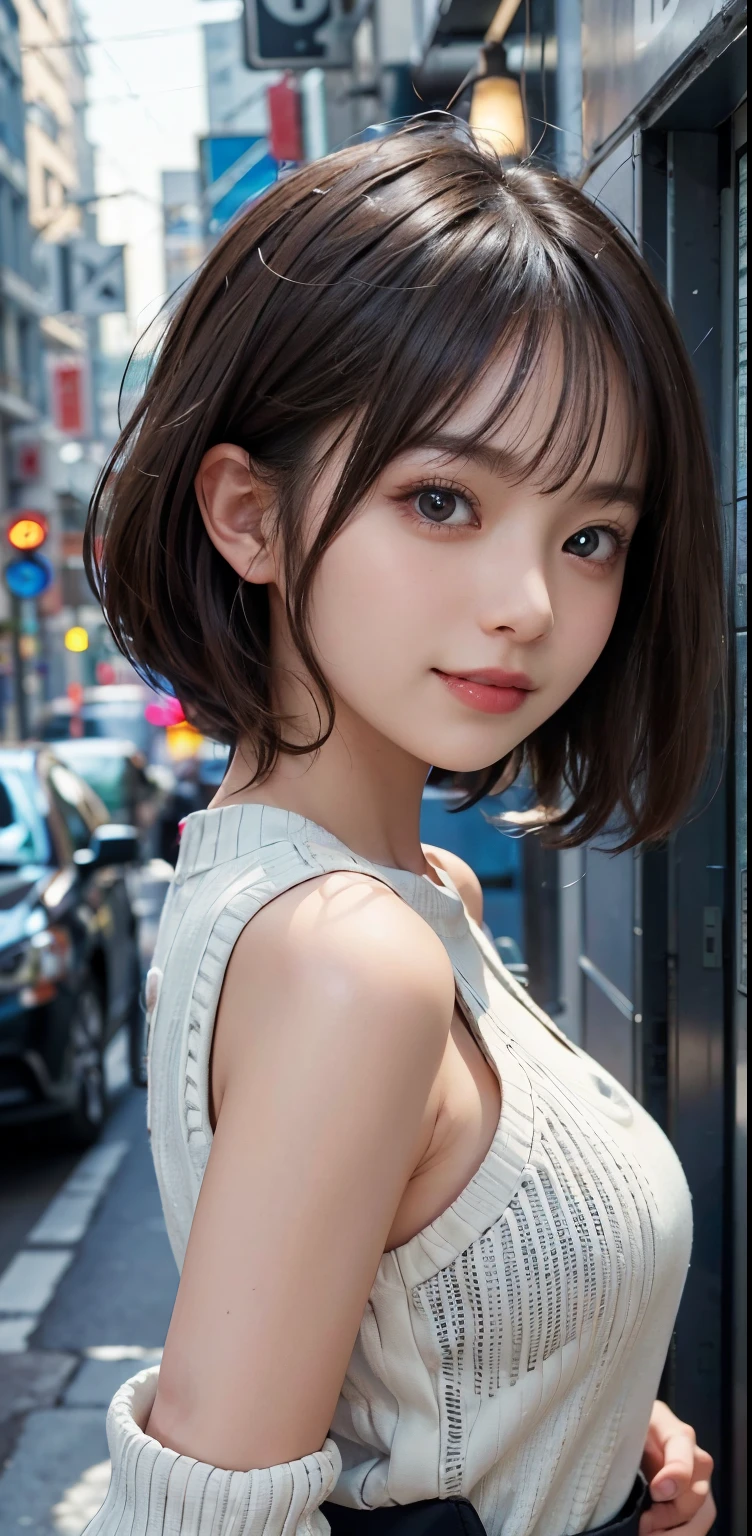 masterpiece, 1 Beautiful girl, A detailed eye, Swollen eyes, top-quality, 超A high resolution, (Realistis: 1.4), OriginalPhotographs, 1Girl, Cinematic lighting, a smile, japanes, Asian beauty, Korea person, clean, ultra beautiful, Beautiful skins, A slender, cyberpunk backgrouns, (A hyper-realistic), (hight resolution), (8K), (ighly detailed), (The best illustrations), (beatiful detailed eyes), (ultra-detailliert), (wall-paper), (详细的脸), How viewers look, fine detailed, A detailed face, pureerosfaceace_v1、a smile、46-point diagonal bangs、Facing straight ahead、Neat Clothing、dark colored eyes、sleeveless、Front-facing body、shorth hair、brown haired、A big smile、Knitted long-sleeved sweater