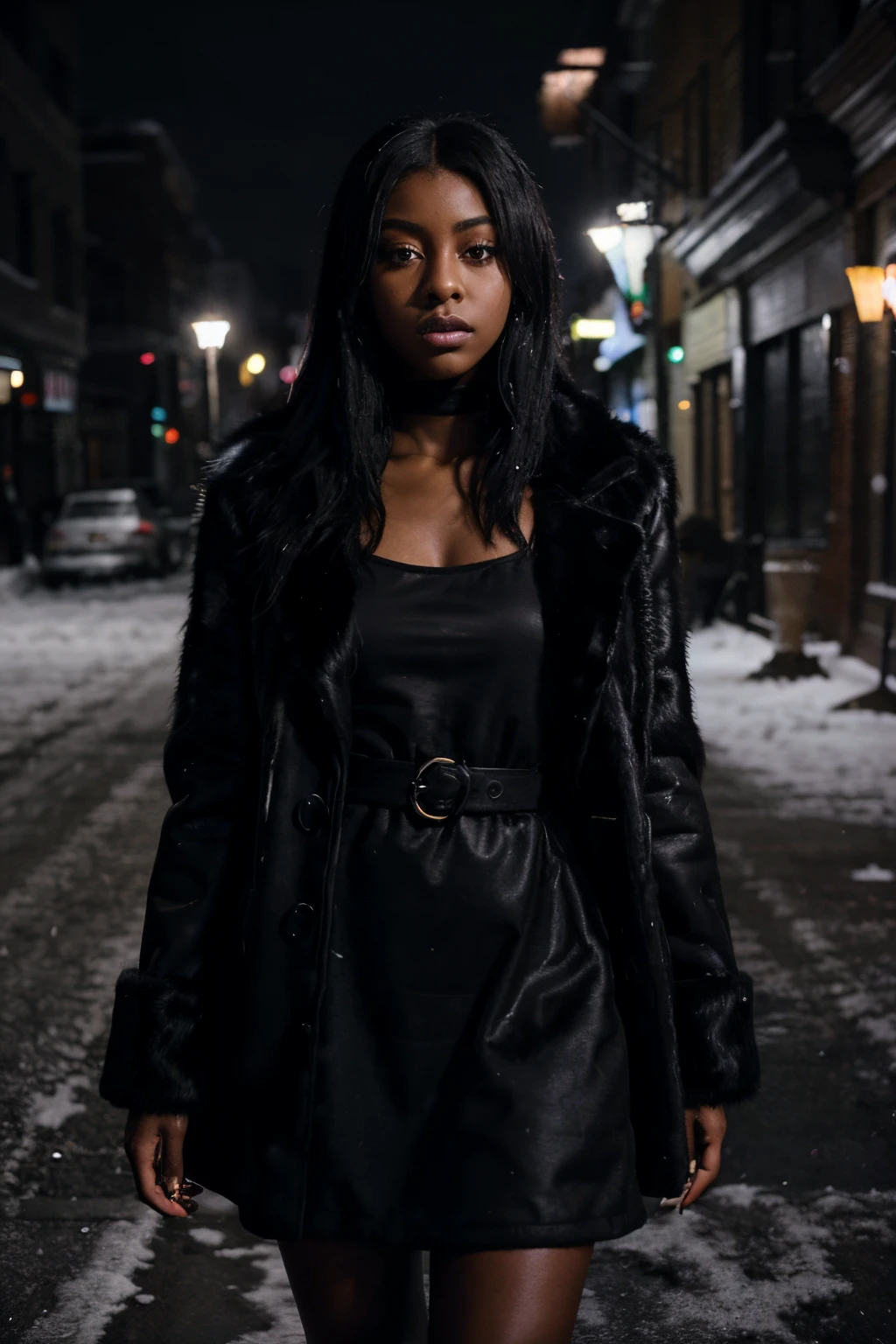 painting of singer Justine Skye with straight black hair, wearing a black chinchilla fur coat, she's wearing a dress, on a dark street in the Bronx at night, it's snowing, dramatic scene, wide shot, sharp focus, 8k photo, dark moody aesthetic, deep shadows standing in front of actor wilmer valderrama