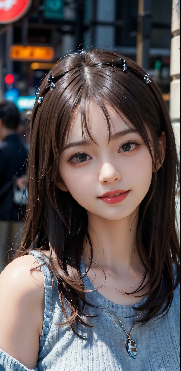 ​masterpiece, 1 Beautiful girl, A detailed eye, Swollen eyes, top-quality, 超A high resolution, (Realistis: 1.4), OriginalPhotographs, 1Girl, Cinematic lighting, a smile, japanes, Asian beauty, Korea person, clean, ultra beautiful, Beautiful skins, A slender, cyberpunk backgrouns, (A hyper-realistic), (hight resolution), (8K), (ighly detailed), (The best illustrations), (beatiful detailed eyes), (ultra-detailliert), (wall-paper), (详细的脸), How viewers look, fine detailed, A detailed face, pureerosfaceace_v1、a smile、46-point diagonal bangs、Facing straight ahead、Neat Clothing、dark colored eyes、sleeveless、Front-facing body、shorth hair、brown haired、A big smile、Knitted long-sleeved sweater