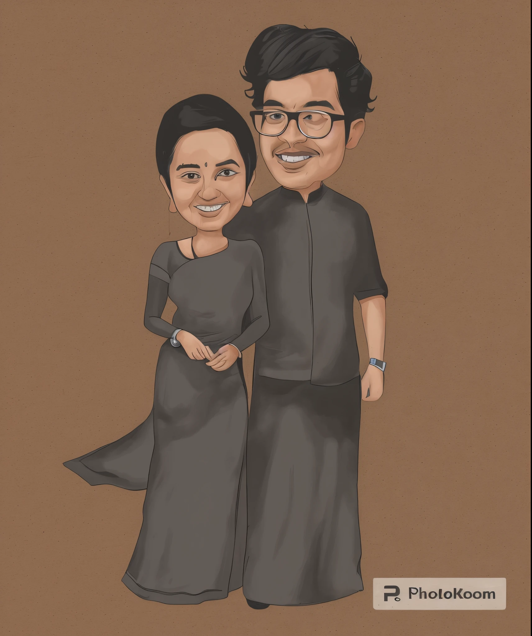a cartoon of a man on spects , woman standing next to each other, white background ,inspired by T. K. Padmini, digital art, detailed airbrush art, costume desig, south east asian with round face, cartoon carticature ,