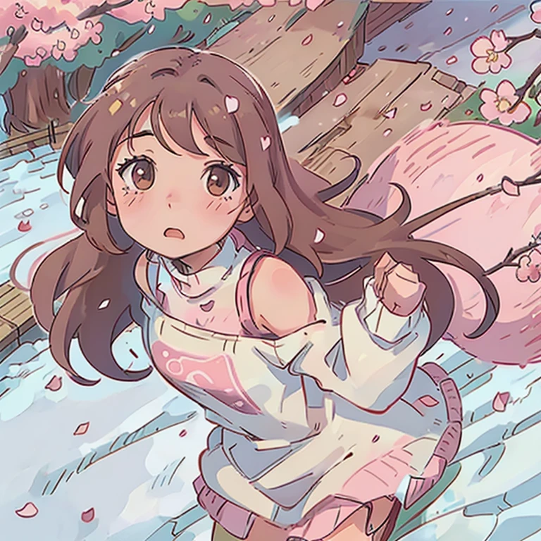 Cute cartoonish art style featuring a girl with brown wavy hair that stops at her shoulders, brown eyes, her favorite color pink, not too realistic. Cherry blossom trees with petals falling in the background as well as snow. She’s wearing a comfortable sweater and is looking down at her sketchbook