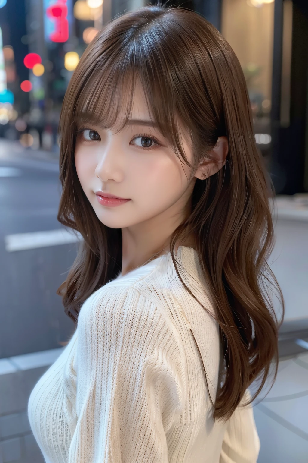 ​masterpiece、1 beautiful girl、A detailed eye、Puffy eyes、top-quality, 超A high resolution, (Realisticity: 1.4), cinematlic lighting、japanes、Asian Beauty、Super beauty、Beautiful skin、A slender、body facing forward、(A hyper-realistic)、(hight resolution)、(8K)、(ighly detailed)、(beautifully detailed eyes)、(ultra-detailliert)、 (wall-)、A detailed face、Bright lighting、profetional lighting、looking at viewert、Facing straight ahead、(The costume is a knit dress)、Long hair, hair messy, asymmetrical bangs, 、nighttime scene、Brown hair、Japan idle、韓国アイドル、hposing Gravure Idol、、age19、tall,