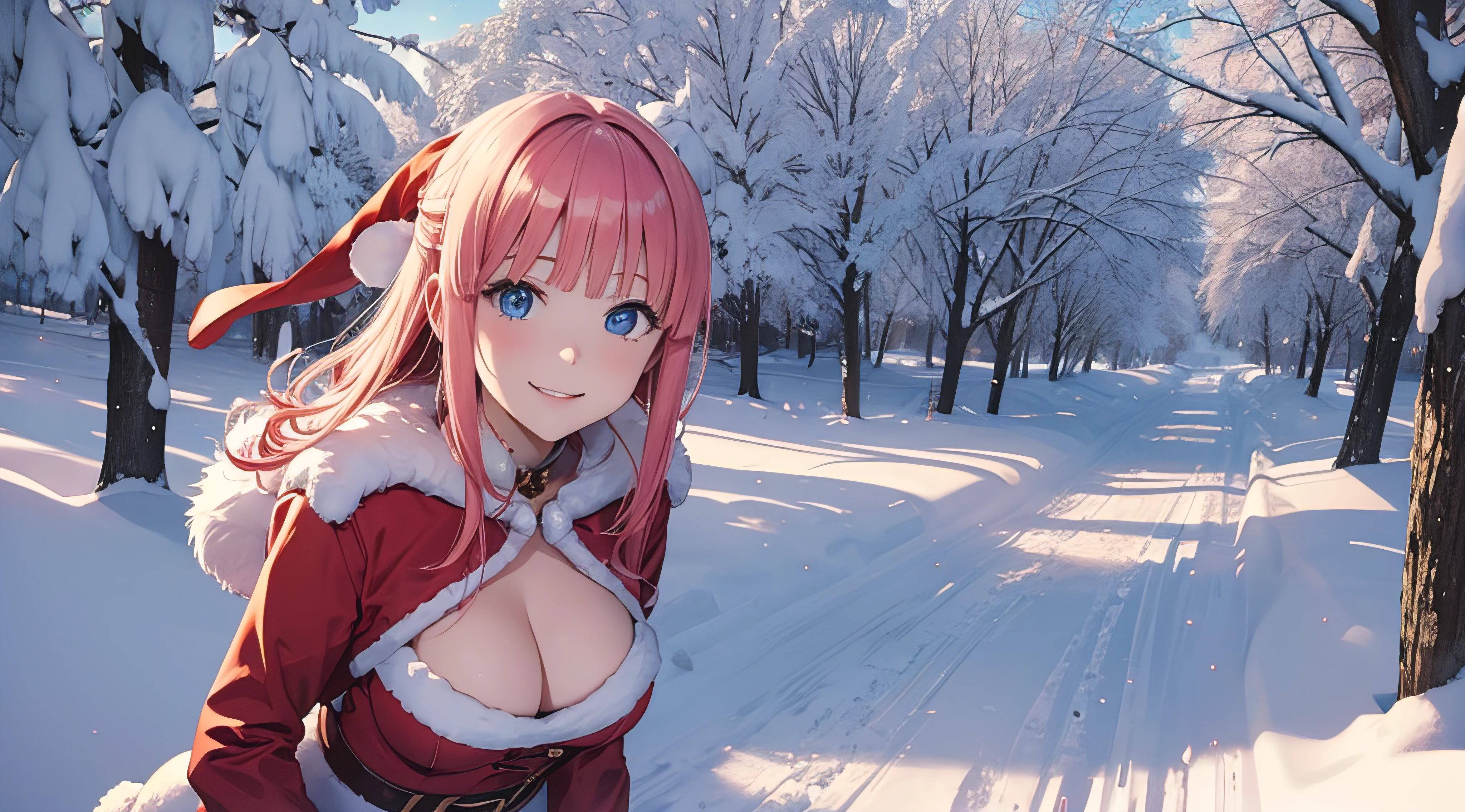 Nino Nakano sonriendo,sexy,Christmas Dress,bosque nevado