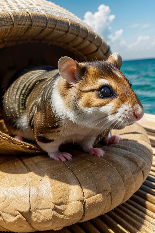 hungriger hamster mit mexikanerhut auf einem schiff auf dem meer