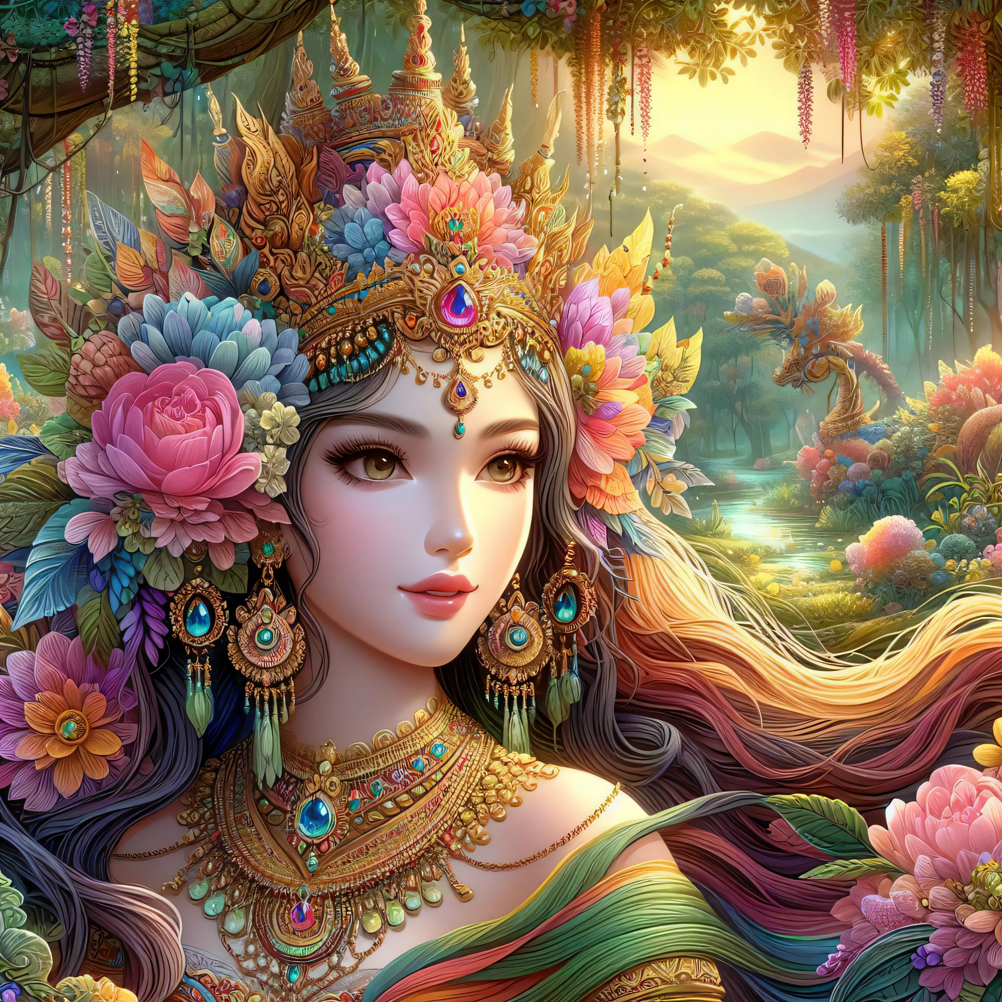 a woman with flowers in her hair and a necklace, a beautiful fantasy empress, beautiful detailed fantasy, beautiful fantasy maiden, ((a beautiful fantasy empress)), portrait of a beautiful goddess, beautiful fantasy art, beautiful art uhd 4 k, very beautiful fantasy art, detailed fantasy digital art, beautiful goddess, flower goddess, fantasy beautiful, goddess. extremely high detail