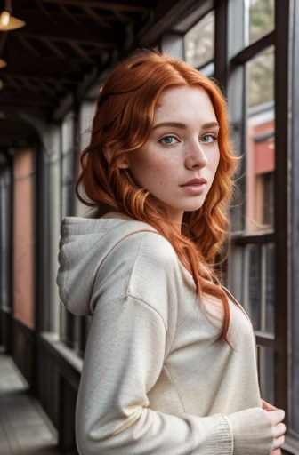 photo of a 25 years old irish girl, RAW, beautiful ginger woman, (long red messy hair), ((full body shot)), ((detailed face:1.2)), ((detailed facial featureinely detailed skin), pale skin, freckles, red hoodie, outdoor environment, city environment, golden hour, (warm colors), (reflectionasterpiece) (perfect proportion)(realistic photo)(best quality) (detailed) photographed on a Canon EOS R5, 50mm lens, F/6.3, HDR, (8k) (wallpaper) (cinematic lighting) (vivid lighting) (sharp focus) (intricate) fashion, Hazel Brooks