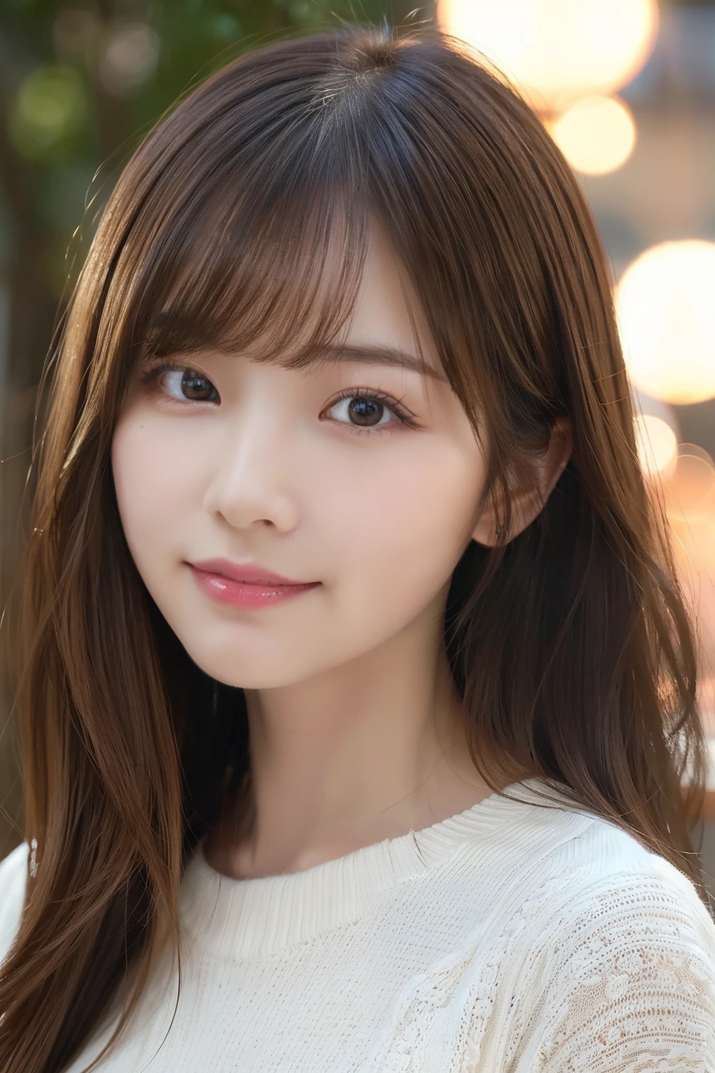 masterpiece、1 beautiful girl、A detailed eye、Puffy eyes、top-quality, 超A high resolution, (Realisticity: 1.4), cinematlic lighting、japanes、Asian Beauty、Super beauty、Beautiful skin、A slender、body facing forward、(A hyper-realistic)、(hight resolution)、(8K)、(ighly detailed)、(beautifully detailed eyes)、(ultra-detailliert)、 (wall-)、(Natural smile)、A detailed face、Bright lighting、profetional lighting、looking at viewert、Facing straight ahead、(The costume is a knit dress)、Long hair, hair messy, asymmetrical bangs, 、nighttime scene、Brown hair、Japan idle、韓国アイドル、hposing Gravure Idol、、age19、tall,