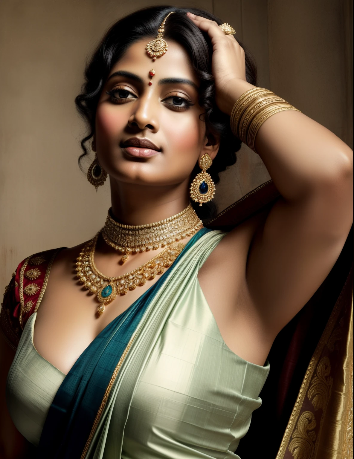 Beautiful Indian Woman, wearing saree, sari Beauty, gorgeous, Apsara, Maharani, royal queen woman, nymph from Hindu Mythology, Urvashi, matchless beauty, Highly detailed, Oil Painting by Peter Paul Rubens inspired by Raja Ravi Varma, Matchless beauty, captivating, gorgeous, heavenly beauty, celestial beauty, by Peter Paul Rubens, 1893, realistic, hyper realistic, micro details, incredible artwork, insane details, ultra High resolution, 8k, 32k,  acrylic on canvas, intricate, flawless, detailed, detailed face, detailed eyes, masterpiece, by Peter Paul Rubens, by Caravaggio, by William Adolphe bouguereau, perfect face, perfect body, beautiful art, realism, baroque, renaissance Art, highly textured, beautiful and detailed eyes, uhd, best quality,