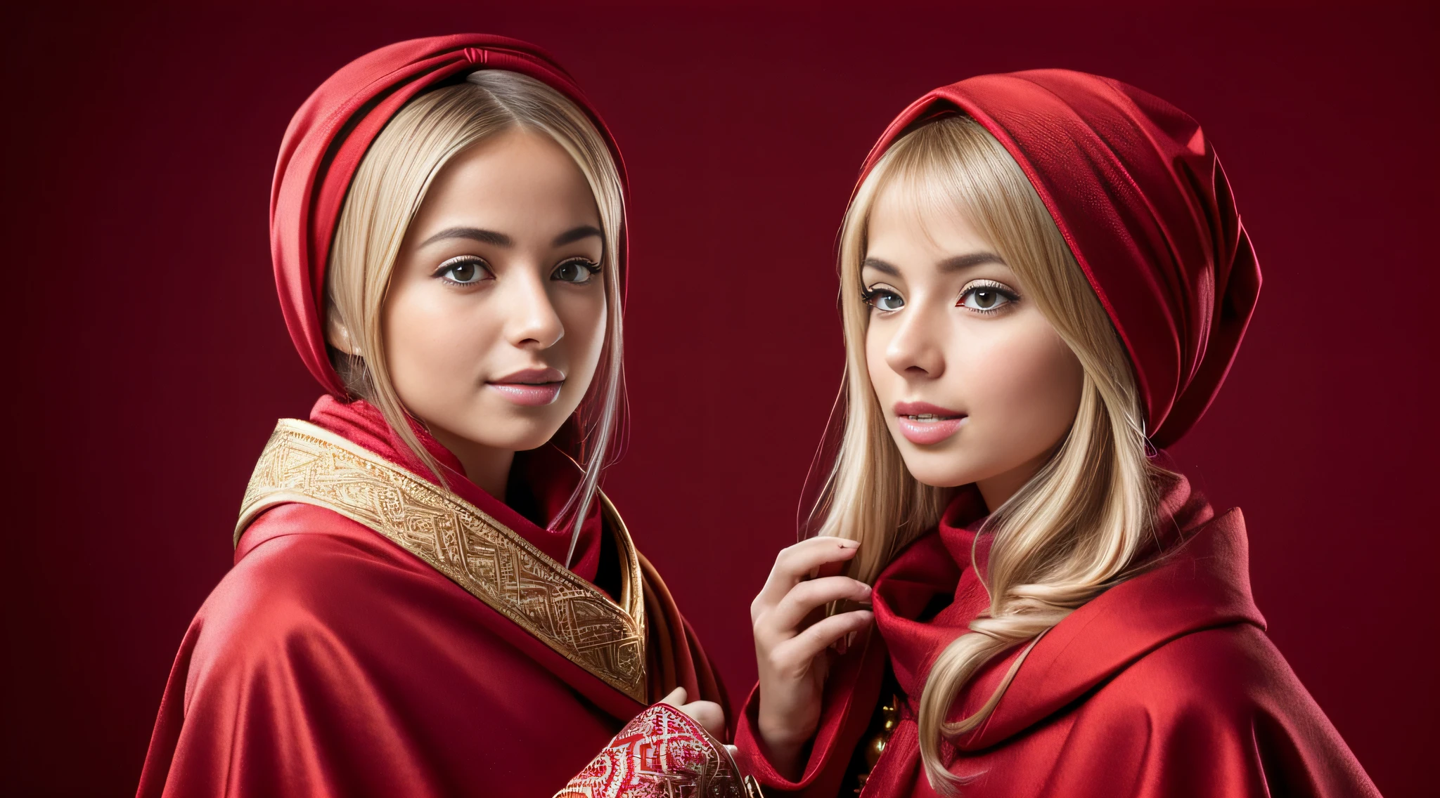 BLONDE GIRL with red scarf talking on cell phone with red background, red scarf, vestido com um belo manto vermelho, turbante oval vermelho, vestindo roupas vermelhas, pano vermelho, Beautiful Arab woman, vestindo uma capa vermelha, middle eastern skin, no fundo vermelho, Retrato de Darna moderno, mulher iraniana bonita, vestindo roupas vermelhas, Retrato Sophie Mudd, tudo vermelho