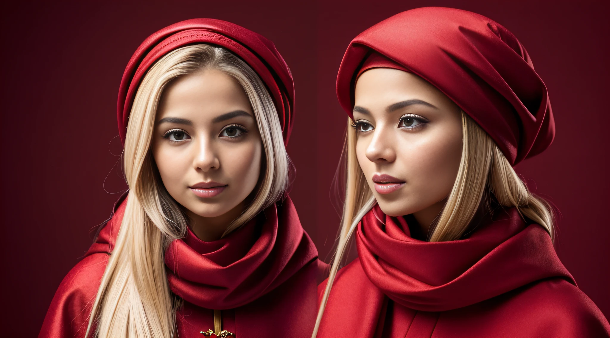 BLONDE GIRL with red scarf talking on cell phone with red background, red scarf, vestido com um belo manto vermelho, turbante oval vermelho, vestindo roupas vermelhas, pano vermelho, Beautiful Arab woman, vestindo uma capa vermelha, middle eastern skin, no fundo vermelho, Retrato de Darna moderno, mulher iraniana bonita, vestindo roupas vermelhas, Retrato Sophie Mudd, tudo vermelho
