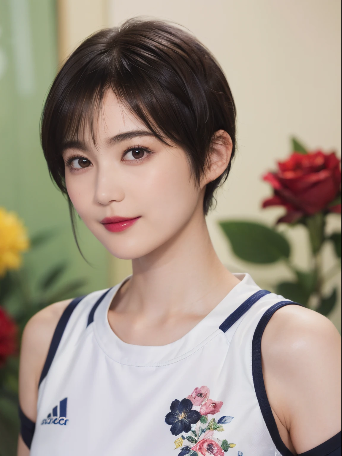 130
(a 20 yo woman,Wearing sportswear), (A hyper-realistic), (high-level image quality), ((beautiful hairstyle 46)), ((short-hair:1.46)), (Gentle smile), (breasted:1.1), (lipsticks), (Large room), (florals), (Painterly)