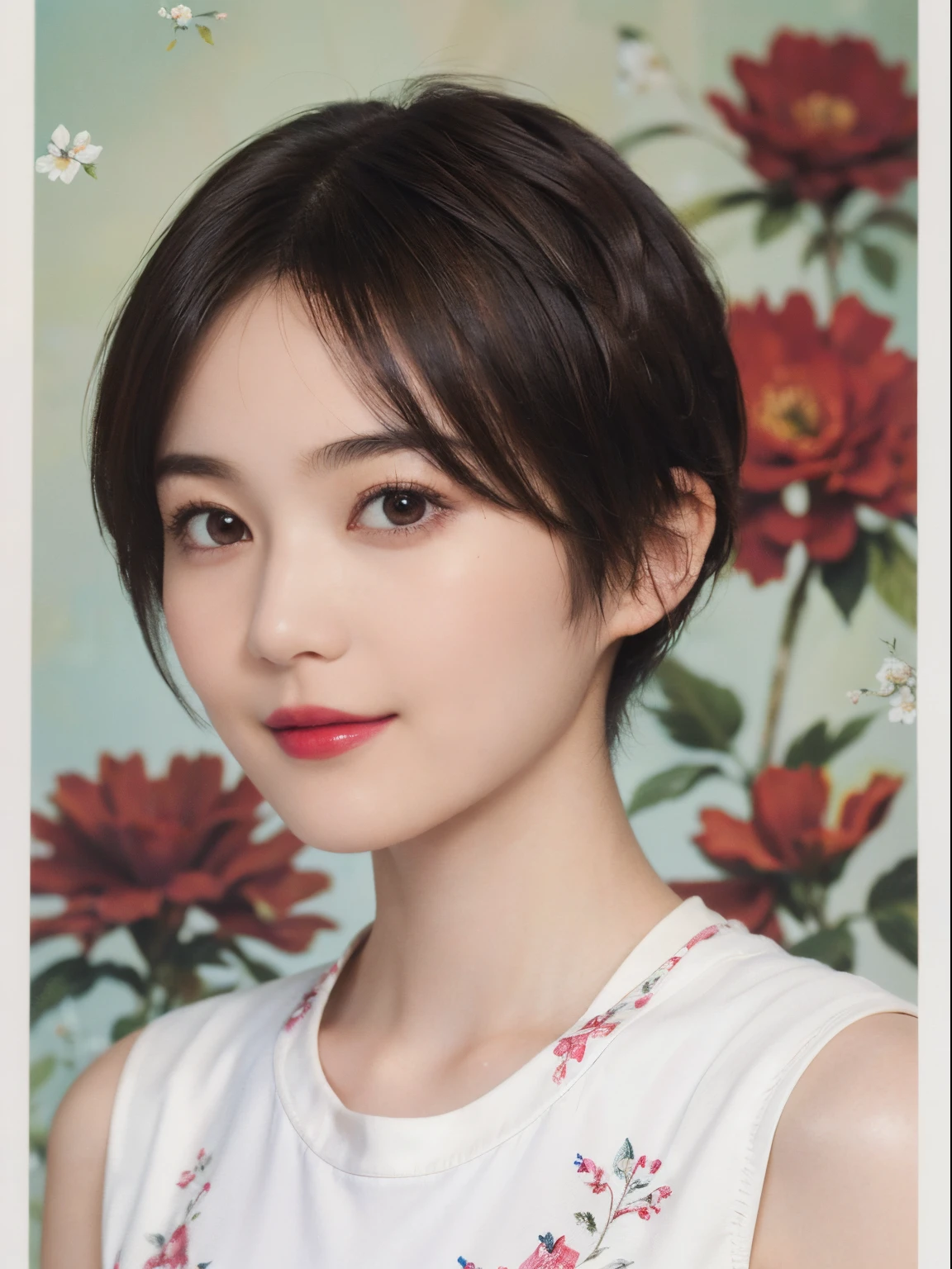 130
(a 20 yo woman,Wearing sportswear), (A hyper-realistic), (high-level image quality), ((beautiful hairstyle 46)), ((short-hair:1.46)), (Gentle smile), (breasted:1.1), (lipsticks), (Large room), (florals), (Painterly)