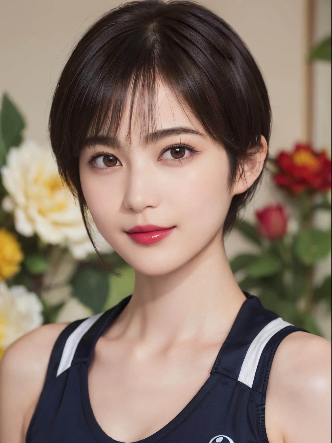 130
(a 20 yo woman,Wearing sportswear), (A hyper-realistic), (high-level image quality), ((beautiful hairstyle 46)), ((short-hair:1.46)), (Gentle smile), (breasted:1.1), (lipsticks), (Large room), (florals), (Painterly)