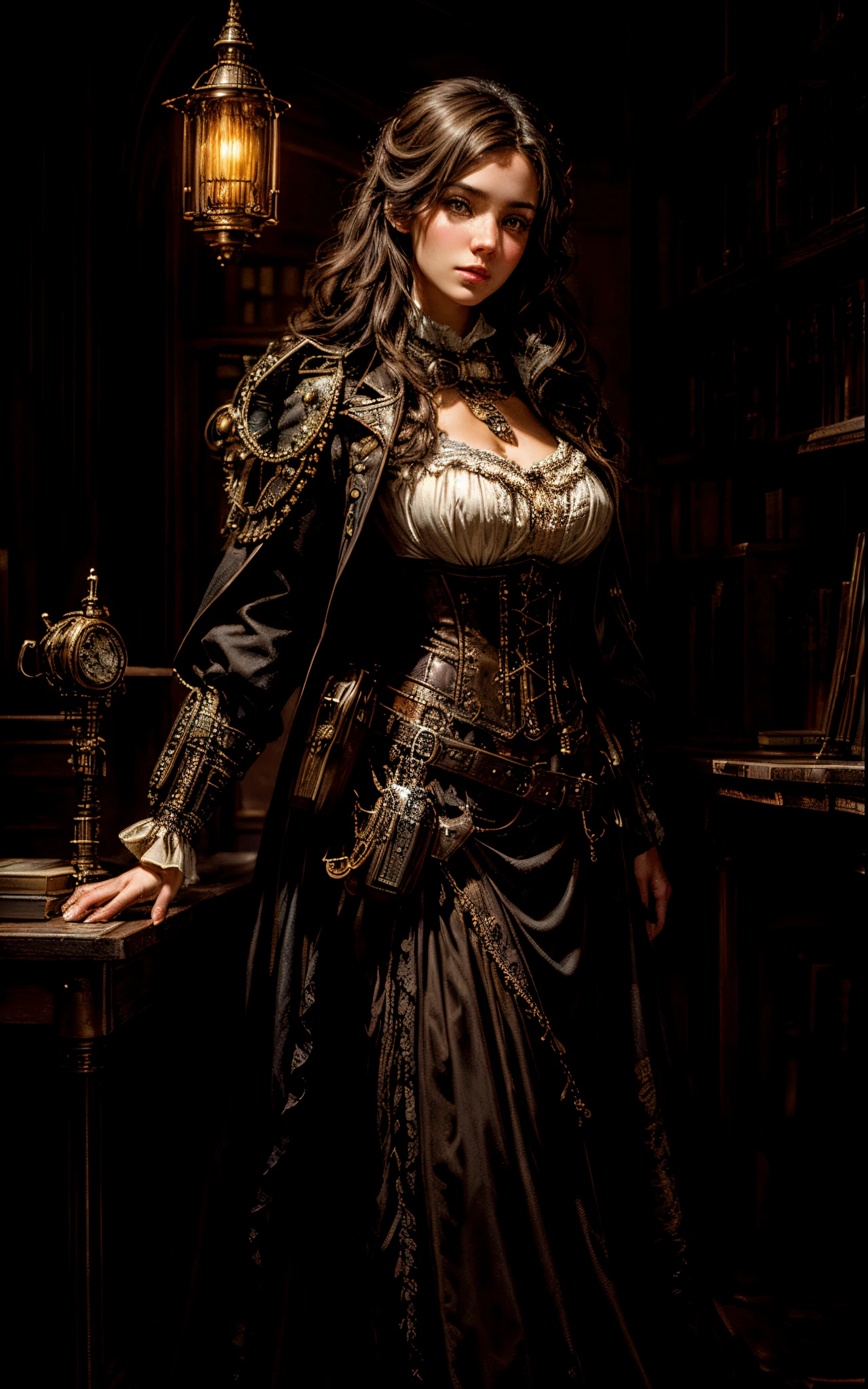 Full-length portrait of a young woman, brown hair, very beautiful European face, Woman in skirt, white blouse and corset, Hold your watch in your hands, I&#39;m standing in the workshop, library, steampunk style, ((steampunk fantasy)), ((steampunk fantasy 1.5)), (late 19th century era), steampunk art, Artstation, Author: WLOP, Visual Novel, Cinematic, 8K, refreshing, rim lighting, natural lighting, soft-lighting