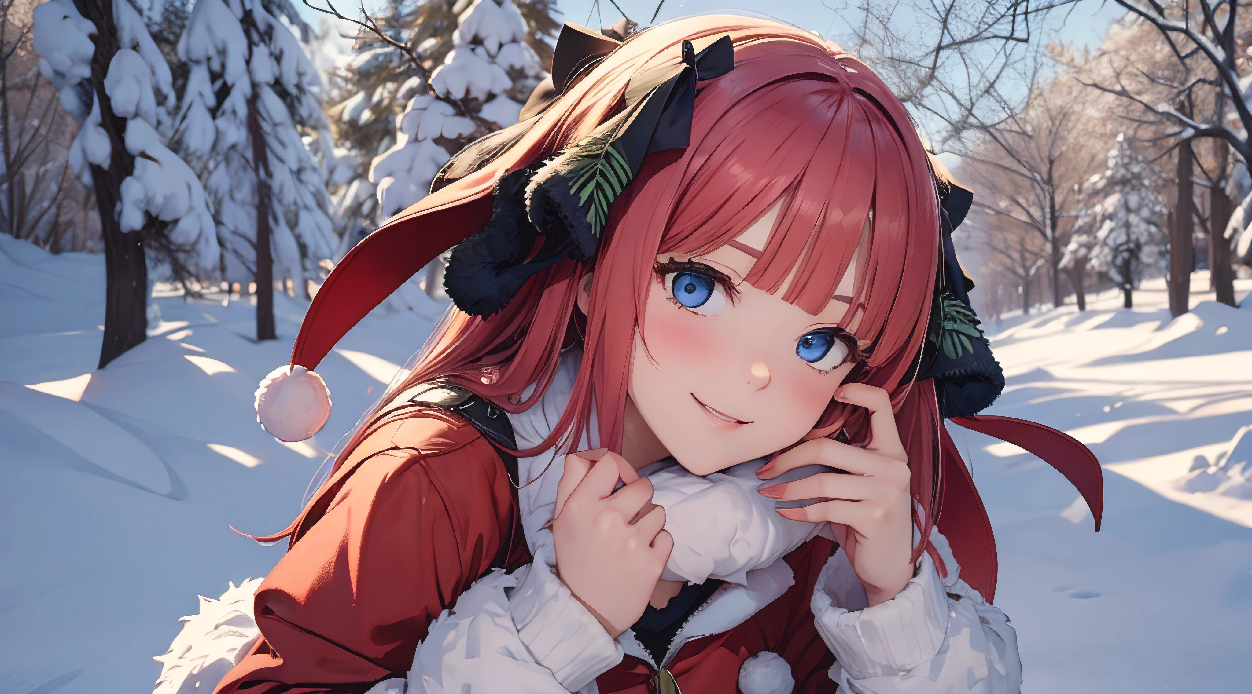 Nino Nakano sonriendo,sexy,Christmas Dress,bosque nevado