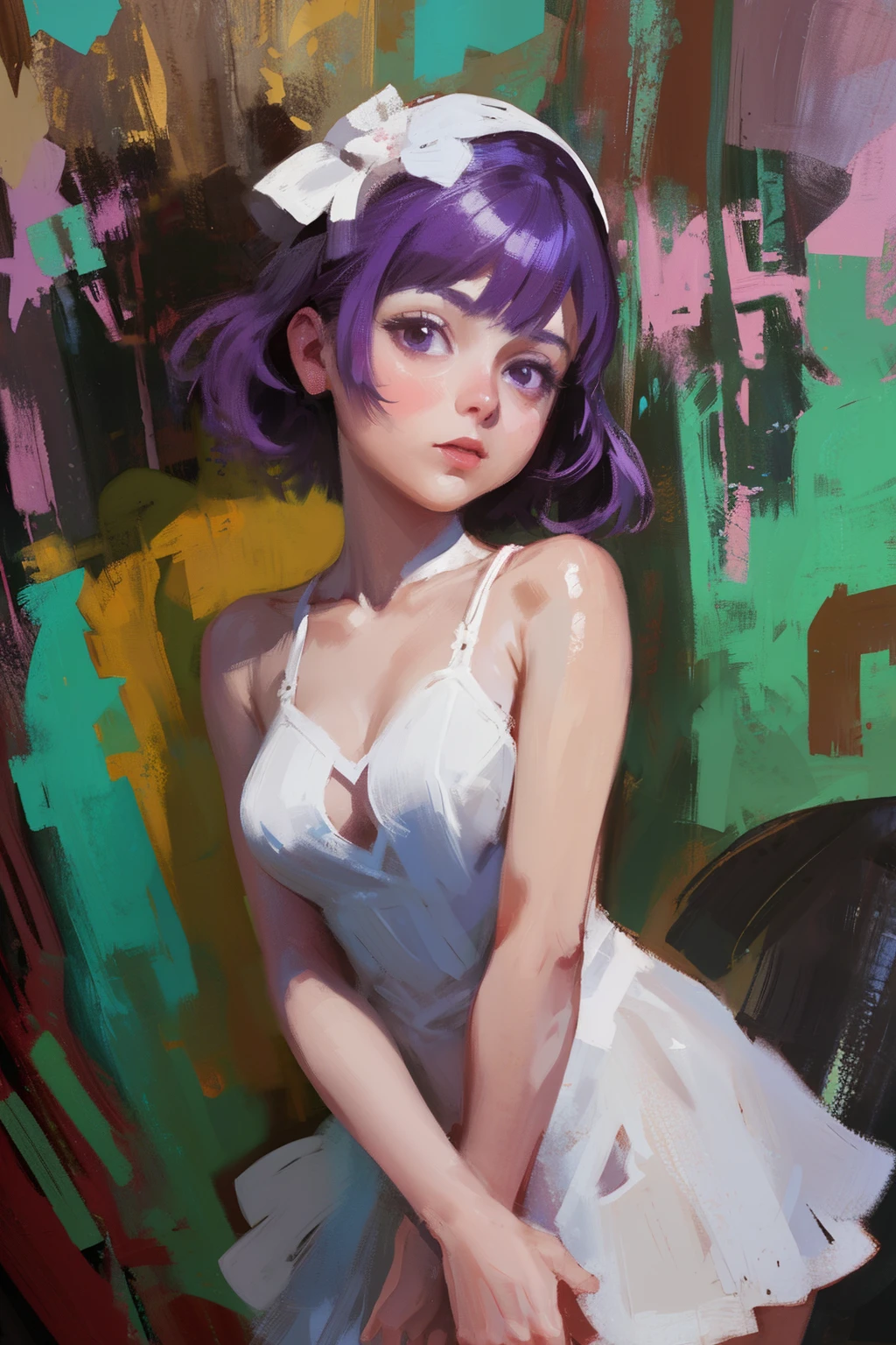 popular vtuber, vtuber, 1girl girl, oil paint, What&#39;s going on in front of me?, One Inarqi, purple hair, maiden dress