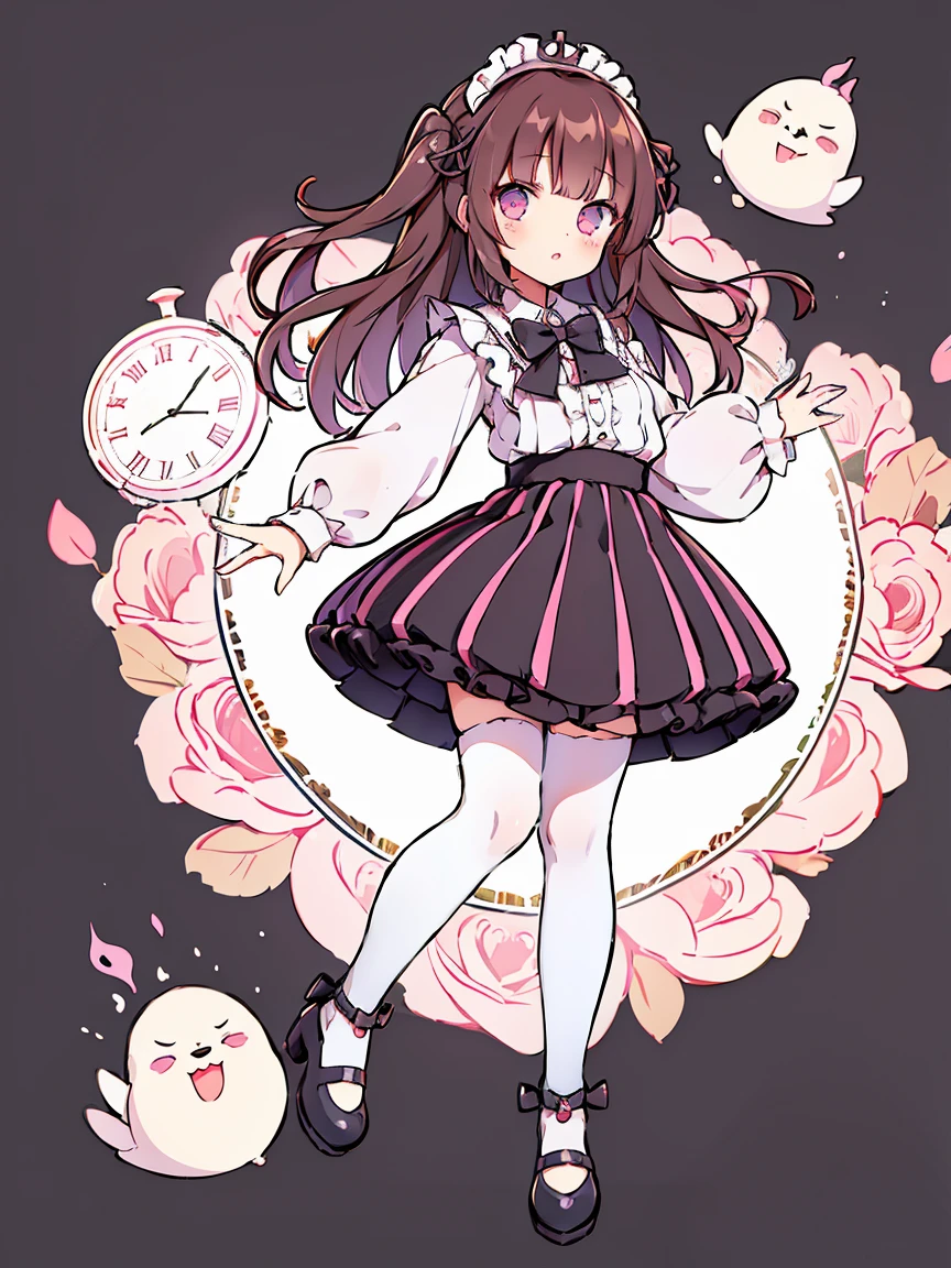 panoramic view, portrait head to feet view, best quality, masterpiece, 1girl, cafe waitress, miuna, slender, (brown hair:1.3), medium breasts, (long hair:1.2), full body, (round face:1.4), (round chin:1.4), (glossy lips:1.2), sparkling pink detailed glass eyes, looking at viewer, cafe striped pink and white marshmellow party, jrkjs, detailed, skirt, twintails, thighhighs, lace, shirt, black mary jane heel footwear, jirai kei, background, (black skirt:1.3), black bowtie, long sleeves, bowtie, frills, ribbon, standing, accented by a detailed vintage gold chain pocket watch, striped pink white color cute bow, hair ribbon, hair bow, long hair, high-waist skirt, white shirt, collared shirt, Marshmallow Party in background, red pink cherries, detailed cute teapot, tea cup, fun, frilled shirt, illustration in the style of @ekureea on X twitter, ****ta glam dress, art by @hareroom1 on Twitter, beautiful line art, stickers, manga, beautiful line art, manga style, manga art style, pencil and ink caricature drawing, flat colours, detailed, attention to detail,