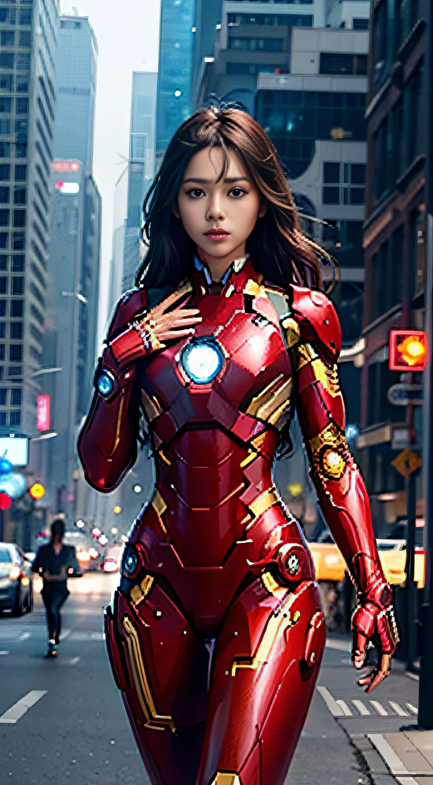 8K，realistically，attractive cleavage，very detailed nipples，A 20-year-old girl, a sexy and charming woman,  inspired by Iron Man，Wearing a shiny Iron Man mech。Her outfit exudes sexiness and confidence，Perfectly interprets the power and charm of Iron Man。Abandoned warehouse as background，It creates a unique atmosphere，Highlight her bravery and perseverance。The high-rise buildings on the street exude the unique charm of cyberpunk，The glow of neon lights outlines the city，Bring out the great strength and personality of Iron Man。This high definition、High-quality images give you stunning visual enjoyment，will be sexy、The perfect combination of future and science fiction elements。OC Render，dramatic lights，Award-winning quality