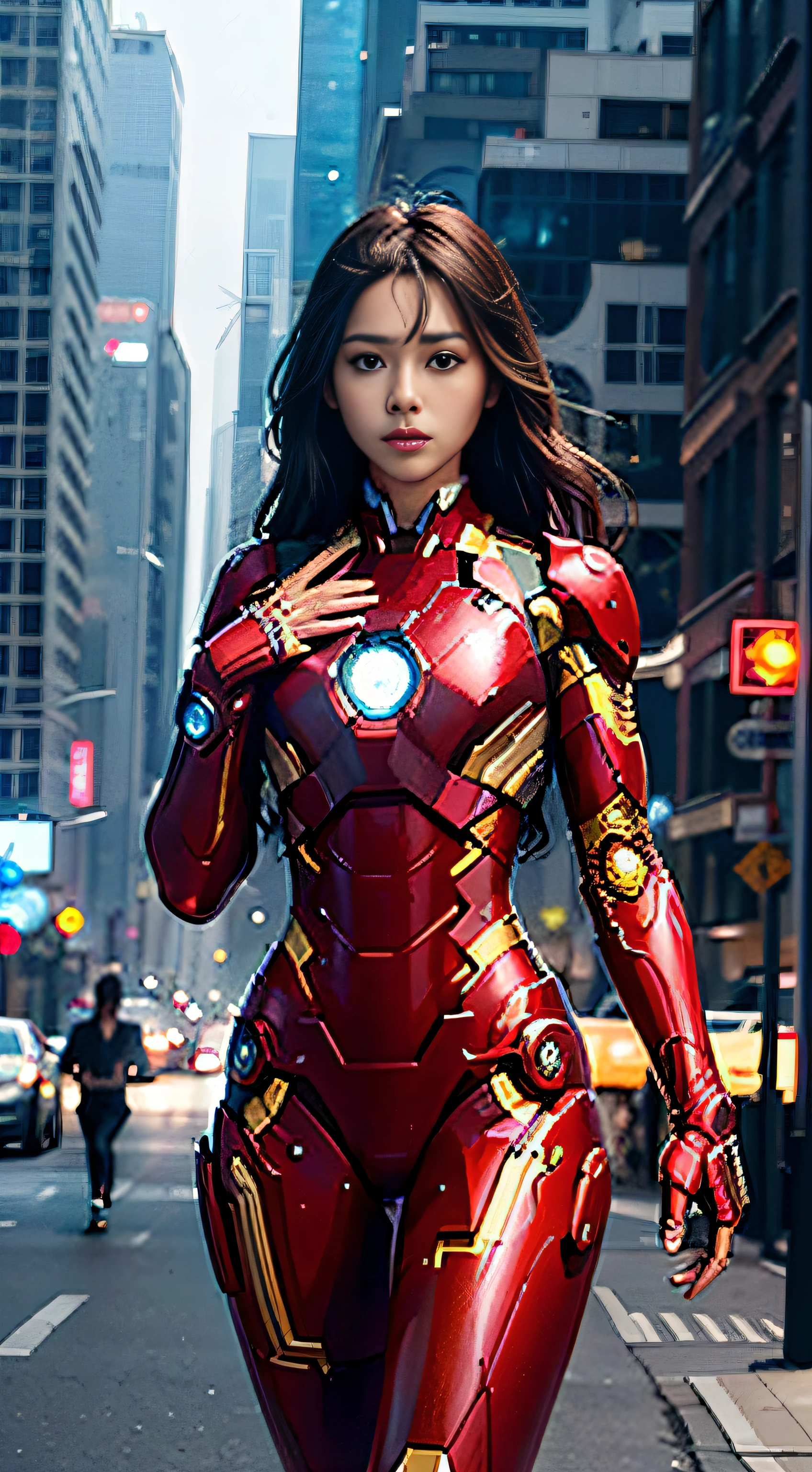 8K，realistically，Attractive cleavage，Nipples are very delicate，A 20-year-old girl, a sexy and charming woman,  inspired by Iron Man，Wearing a shiny Iron Man mech。Her outfit exudes sexiness and confidence，A perfect interpretation of the power and charm of Iron Man。Abandoned warehouse as background，It creates a unique atmosphere，Highlight her bravery and perseverance。The high-rise buildings on the street exude the unique charm of cyberpunk，The glow of neon lights outlines the city，Bring out the great strength and personality of Iron Man。This HD、High-quality images give you stunning visual enjoyment，will be sexy、The perfect combination of future and science fiction elements。OC Render，dramatic lights，Award-winning quality