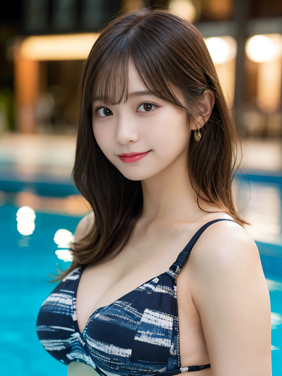 masutepiece, Best Quality, Illustration, Ultra-detailed, finely detail, hight resolution, 8K Wallpaper, Perfect dynamic composition, Beautiful detailed eyes, Wearing a bikini swimsuit,Medium Hair,Natural Color Lip, Bold sexy poses,Smile,Harajuku、20 years girl、Cute、Sexy shot looking at camera、C Cup、Brown hair、cacique#39;s face、Blurry night pool background