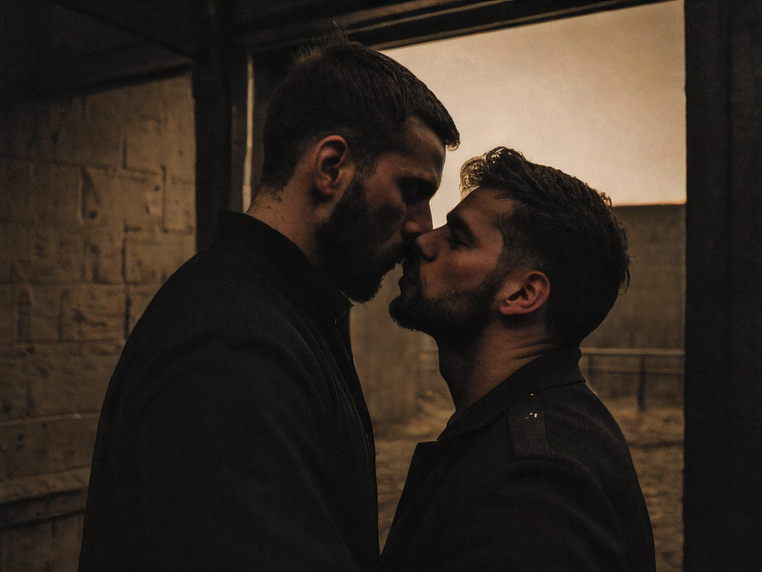 forbidden love, masterpiece, best quality, 2boys, adult males, beards, chavs, rough, dirty, Mancunian, mean, bullies, druggies, skinheads, in the neighbourhood, , soft kiss , romantic, realistic, dramatic lighting, atmospheric, intricate detail, epic shot, still image