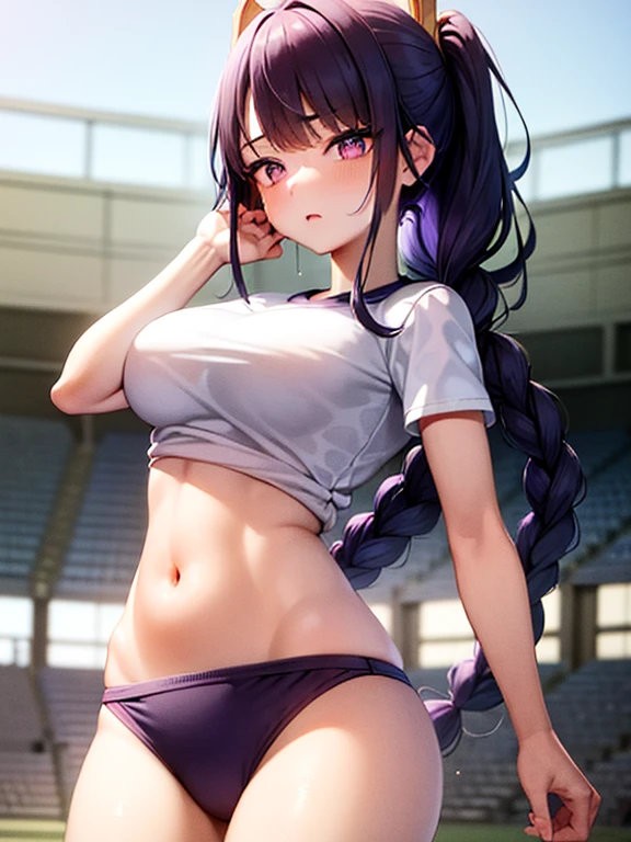 ((masterpiece)), best quality, 1girl, expressive eyes, ((perfect face)), (detailed face), (good anatomy:1.2), tired face, standing, sports uniform, short T-shirt, navel stadium, breathing, {sweat}, raiden shogun, long hair, braided ponytail, purple eyes, purple hair, hair ornaments, cloud, cowboy shot,