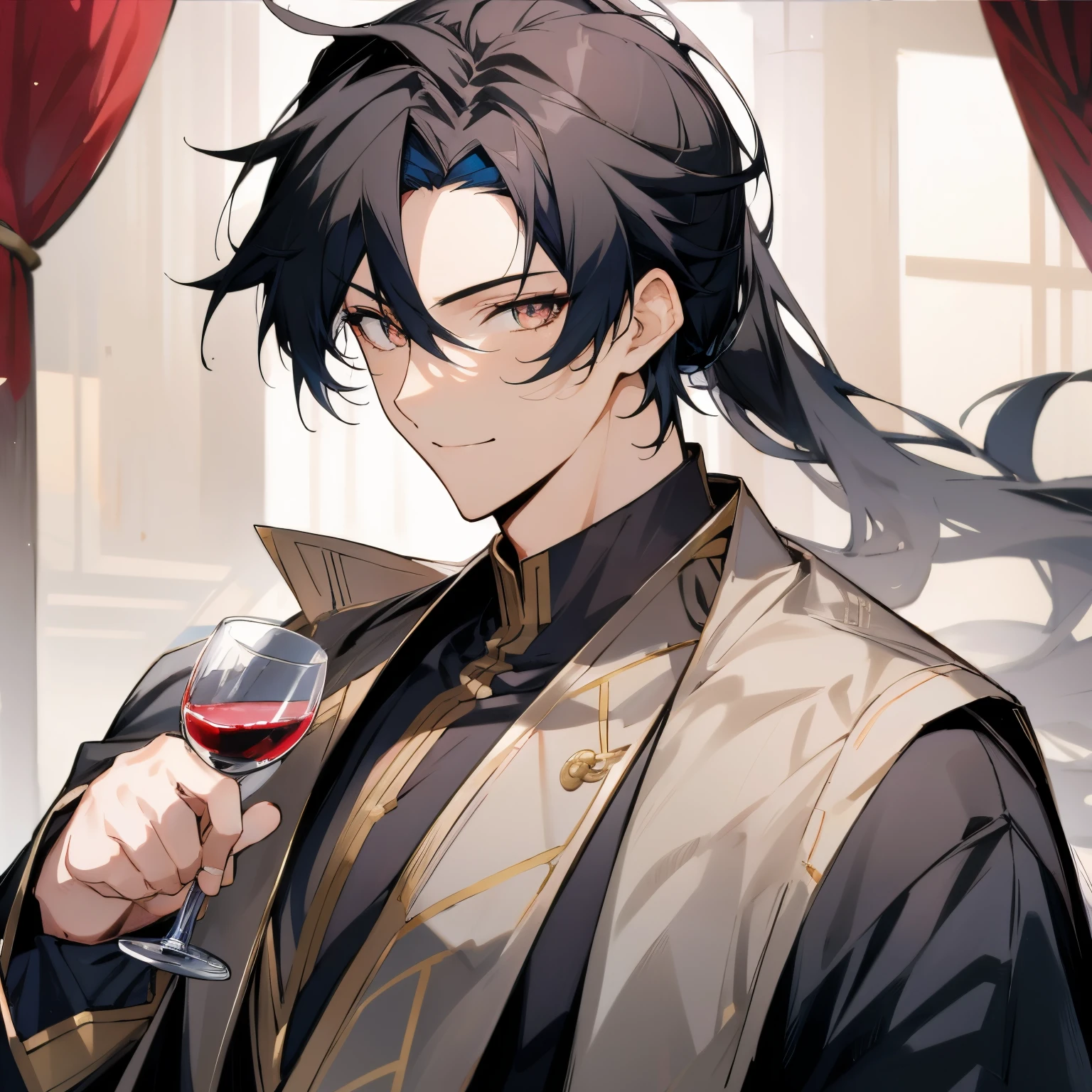 Anime boy with black hair and black clothes,Cabellos Preto Langero colored eyes，high ponytails，（Smilingly）ssmile，holding a wine cup，Blackn clothes，gilgamesh, grand order of destiny, style anime, Like fate/spend the night with, destiny / spend the night with, Portrait of a magical blond prince, handsome anime pose, Fate still stays at night, joseph joestar, male anime characters, author：Anime painter studio, 8K!Chinese furniture，Lavish palace，