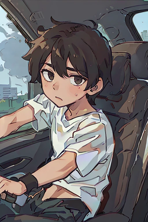 1boy, driving_car, mustant, on highway, black hair, white_tshirt, black_tight_pant, messy_brown_hair