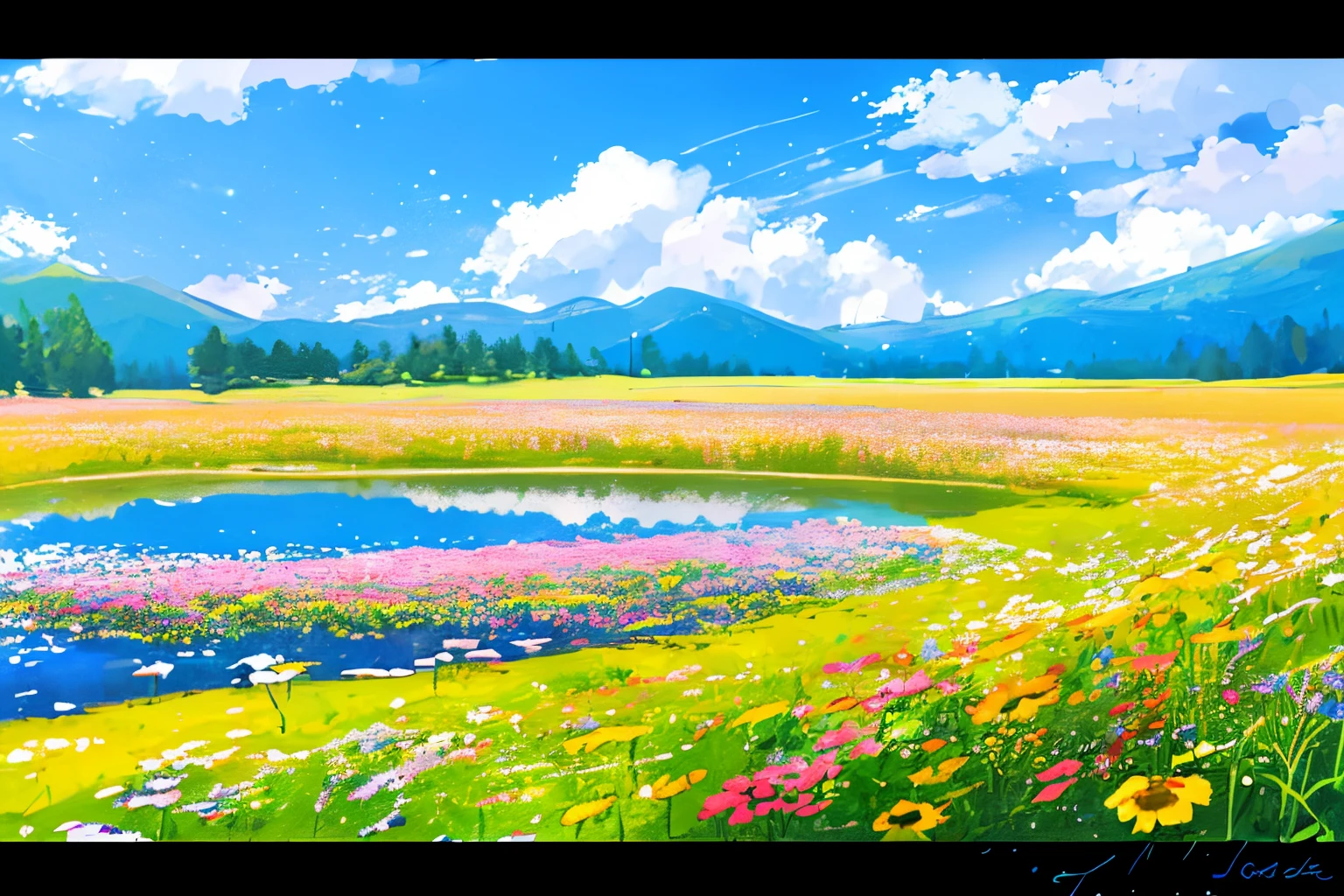 Summer, meadows, a few small flowers, clear lakes, heaven, large clouds, blue sky, hot weather, HD detail, hyper-detail, cinematic, soft light, deep field focus bokeh