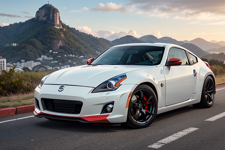 (Best quality, 8k, Masterpiece :1.2), hyper realistic, city of Rio de Janeiro Brazil, at a mountain, an detailed nissan 350z, Redeemer Christ in the background