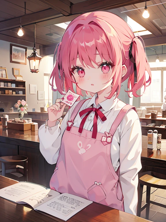 One girl、cute little、masterpiece、top-quality、Top image quality、Red-haired、Pink eyeaid clothes、Ribbon on the back、Cafe clerk、cafe
