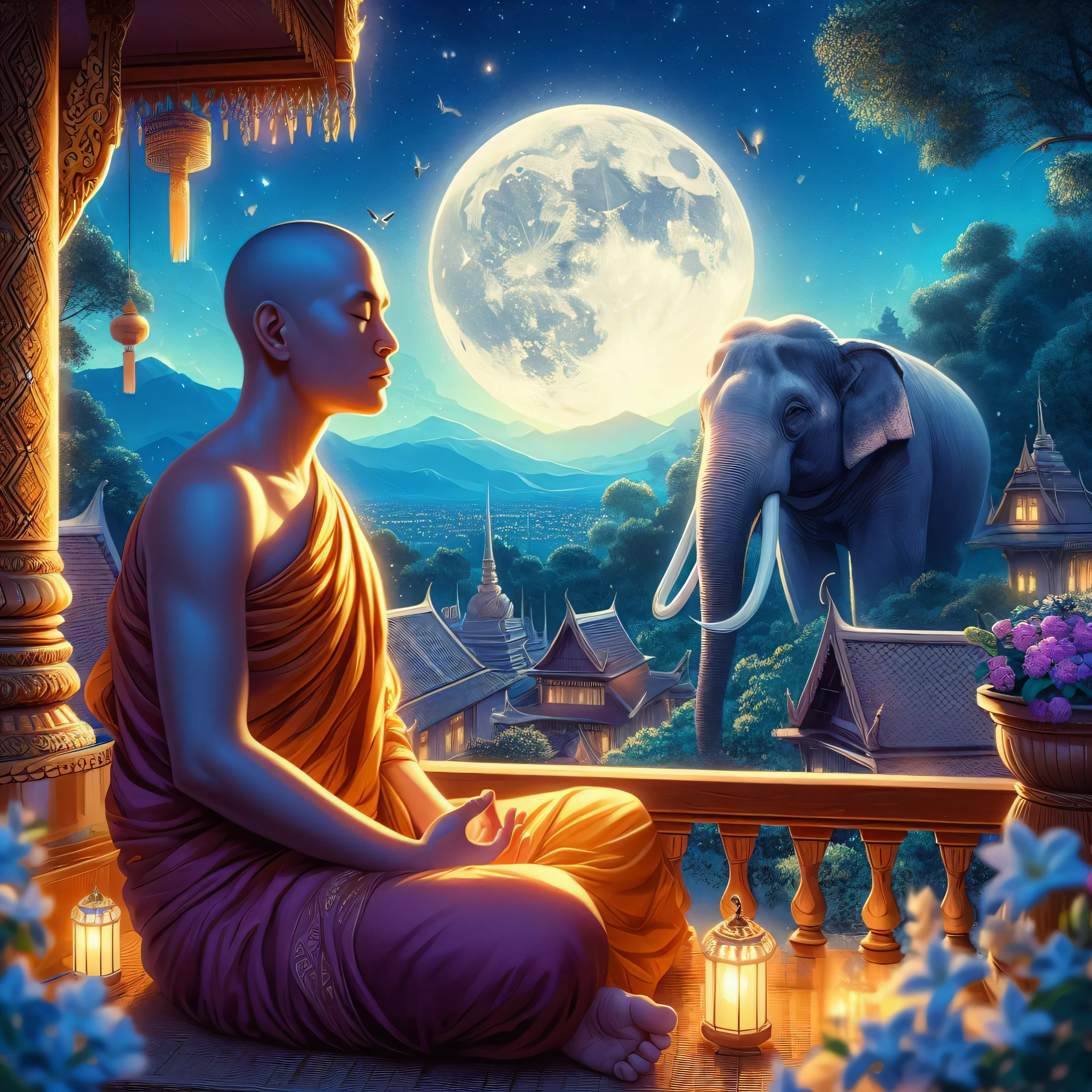 buddha sitting on a porch with an elephant in the background, his mind contemplating eternity, on path to enlightenment, beeple and jeremiah ketner, monk meditate, buddhism, by Johfra Bosschart, thailand art, zen méditation cyberpunk, samsara, on the path to enlightenment, nocturnal spiritual scene, cosmic enlightenment, greg beeple, serene expression