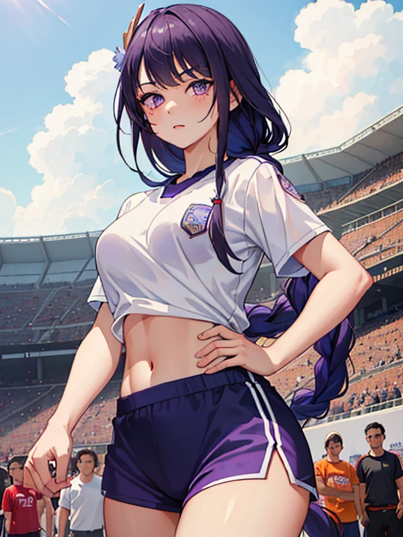 ((masterpiece)), best quality, 1girl, expressive eyes, ((perfect face)), (detailed face), (good anatomy:1.2), tired face, standing, sports uniform, short T-shirt, shorts, navel stadium, breathing, {sweat}, raiden shogun, long hair, braided ponytail, purple eyes, purple hair, hair ornaments, cloud, cowboy shot