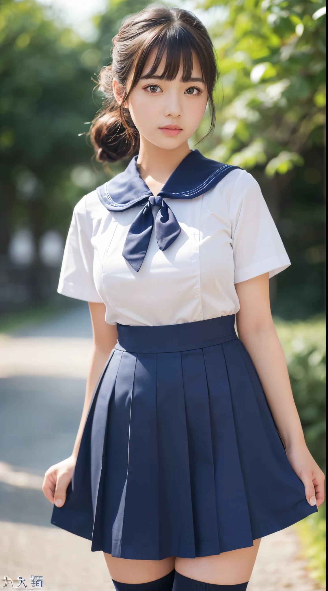 (Masterpiece,High Quality,photorealistic,ultra highres:1.3),(depth of field:1.3) ,((front body:1.35)), (detailed skin, detailed face:1.3) ,Japanese ,middle school girl,chignon,short-sleeved sailor uniform,NAVY BLUE long skirt,sailor ribbon,blacktights,huge breasts,voluptuous,(looking at viewer:1.3),(From head to thigh:1.2),