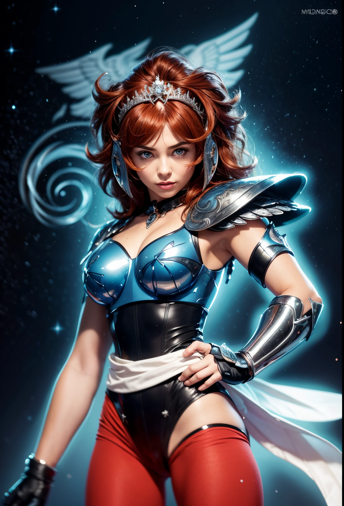 Highresolution, hyper-realistic. Masterpiece, partial-body of beautiful woman about 20 years old. starring the viewer. 1girl, Japanese, big eyes, porcelain facial detailed mask, beautiful porcelain mask in the format of the face, full detailed mask covering the face, detailed facial contours, delicate nose, delicate lips, short ((red hair)), messy hair, ((bangs)), tiara in the format of a eagle with open wings contouring the head, wearing a silver armor, (silver armor), chrome silver armor, (detailed armor), (ornate armor), black colan, white belt tied around the waist, red tide pants. Silver armor protection on left arm/hand, silver metal bracelet at left arm, black glove at right hand. starry night sky background. A eagle silhouette background. ((Well done hands)) ((perfect hands)), ((perfect fingers)). Cinematic light.